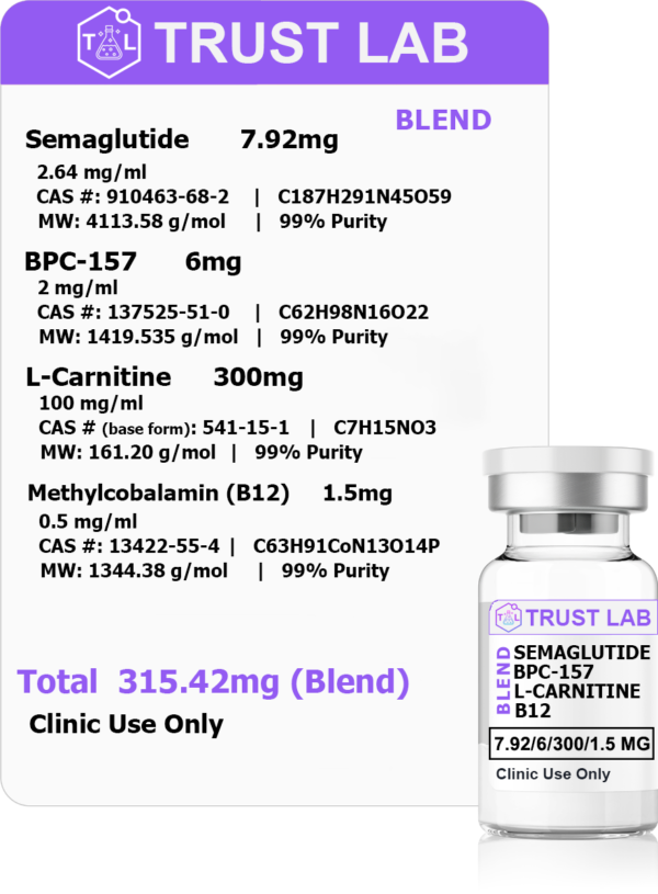 1- Semaglutide + BPC +LCarnitine + B12 Semaglutide, BPC-157, L-Carnitine, Methylcobalamin (B12) (315.42mg) (Blend)