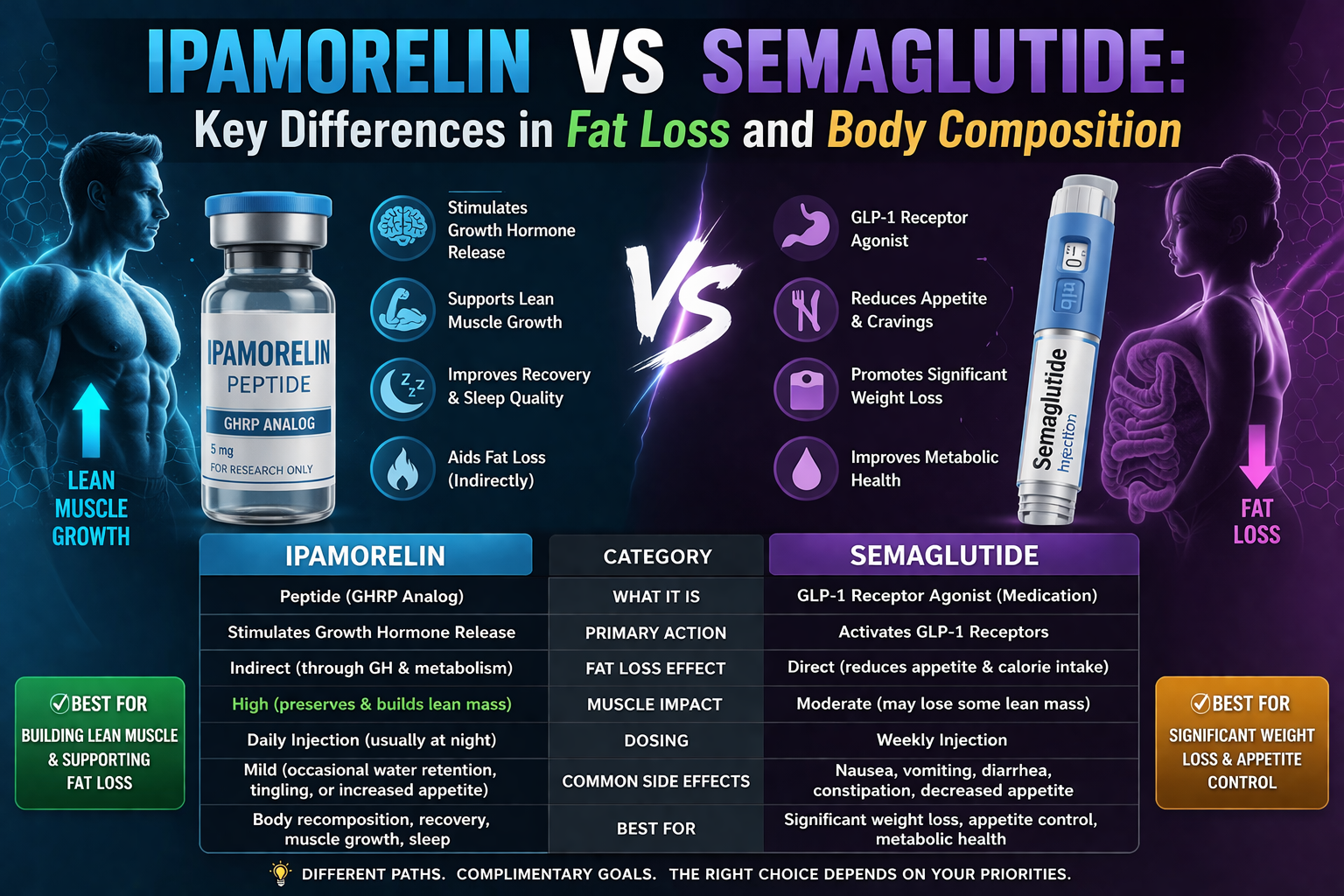 Ipamorelin vs Semaglutide: Key Differences in Fat Loss and Body Composition